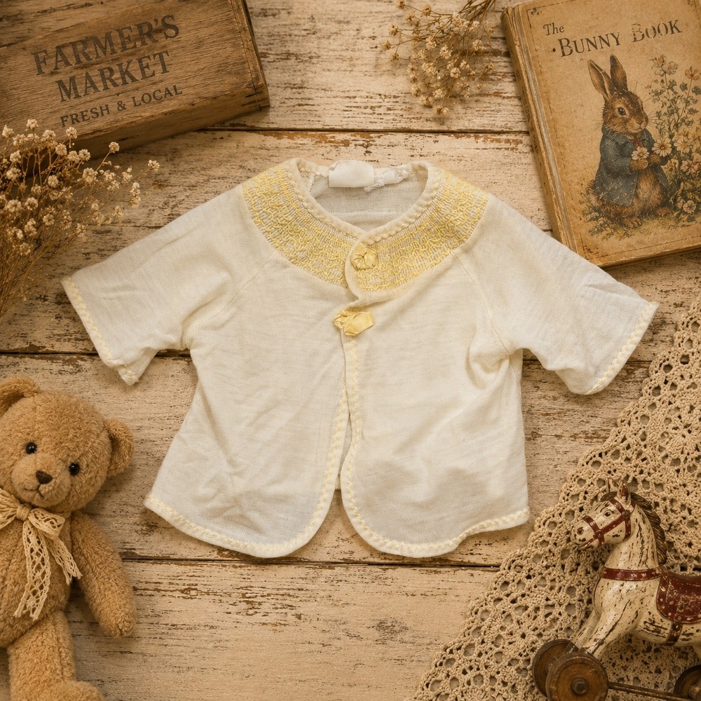 Vintage Carters Layette Baby Cardigan White Yellow Smocked‎ Embroidered Knit